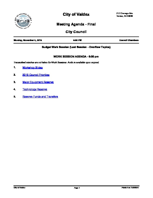 City Council Agendas 11 5 Budget Work Session 11 7 Regular Meeting
