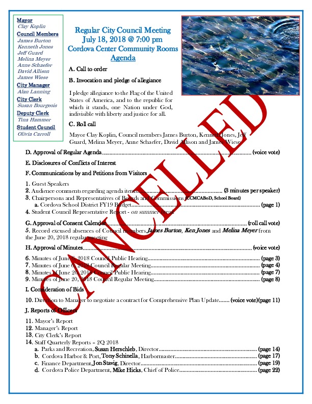 Cordova Meetings Canceled