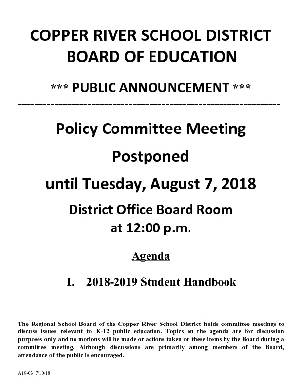 Copper River School District Meeting Announcements