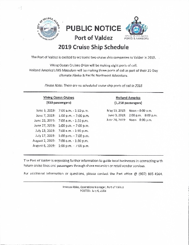 Valdez Cruise Ship Schedule