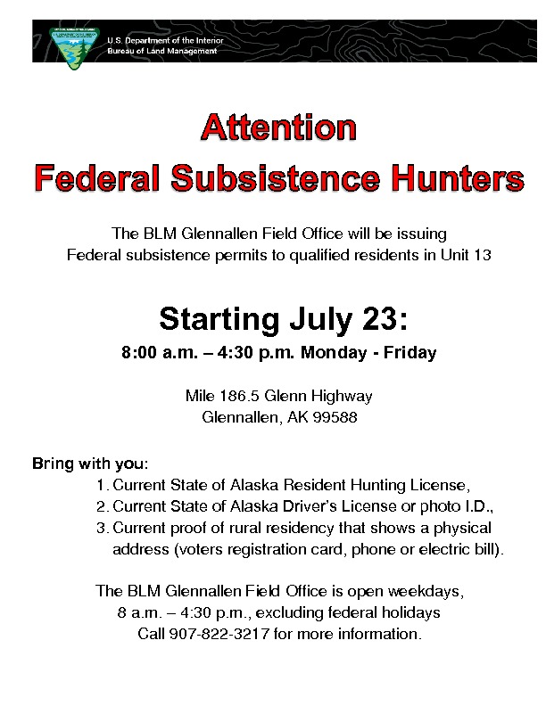 BLM Subsistence Permit Applications Available 7/23