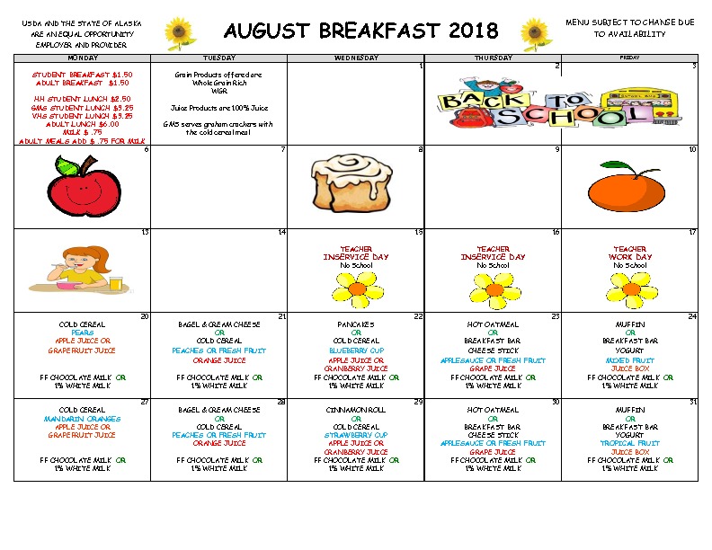 Valdez School Menus for August and September