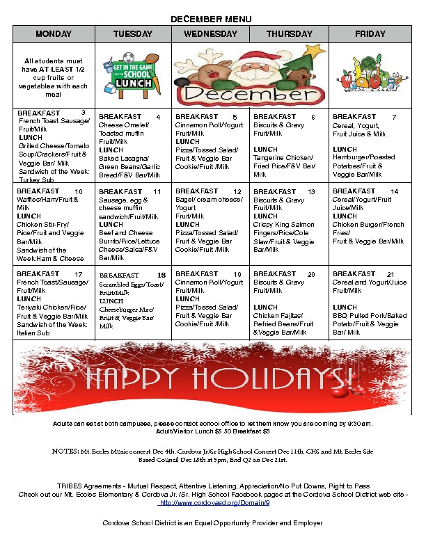 Cordova Schools December Menus