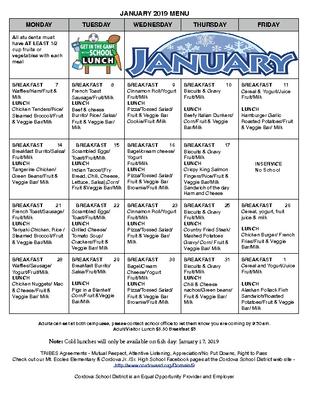 Cordova Schools January Menus