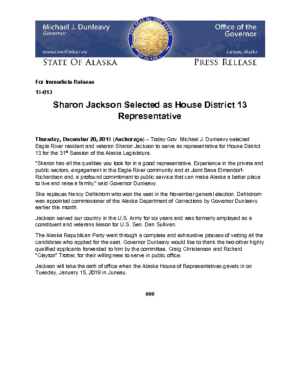 Governor Selects Jackson as House District 13 Rep