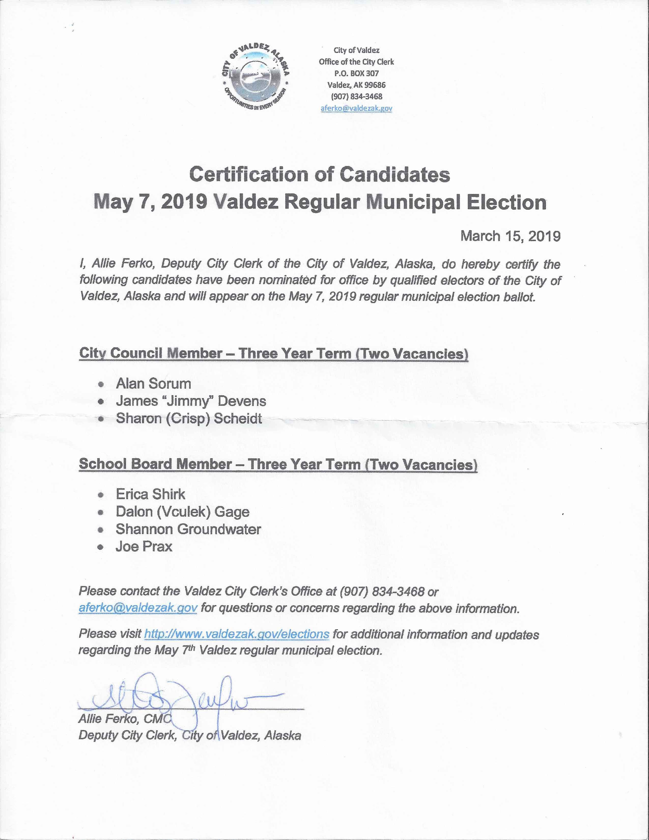 City of Valdez Certification of Candidates