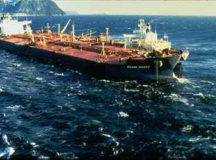 Shortly after leaving the Port of Valdez, the Exxon Valdez ran aground on Bligh Reef. The picture below was taken 3 days after the vessel grounded, just before a storm arrived.
NOAA photo