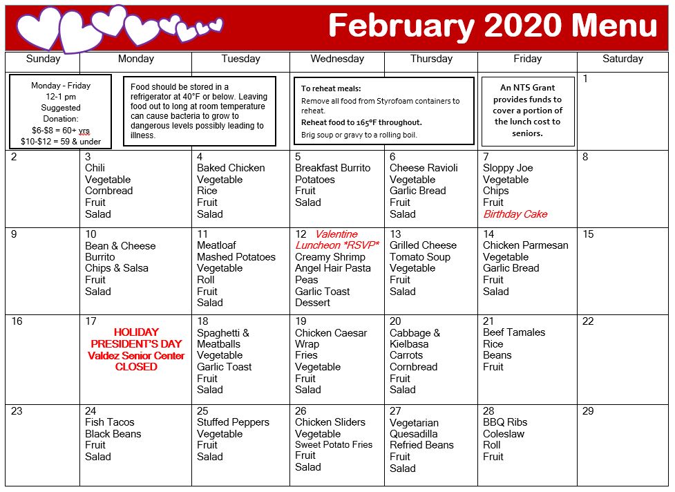 Valdez Senior Menus & Activities for February