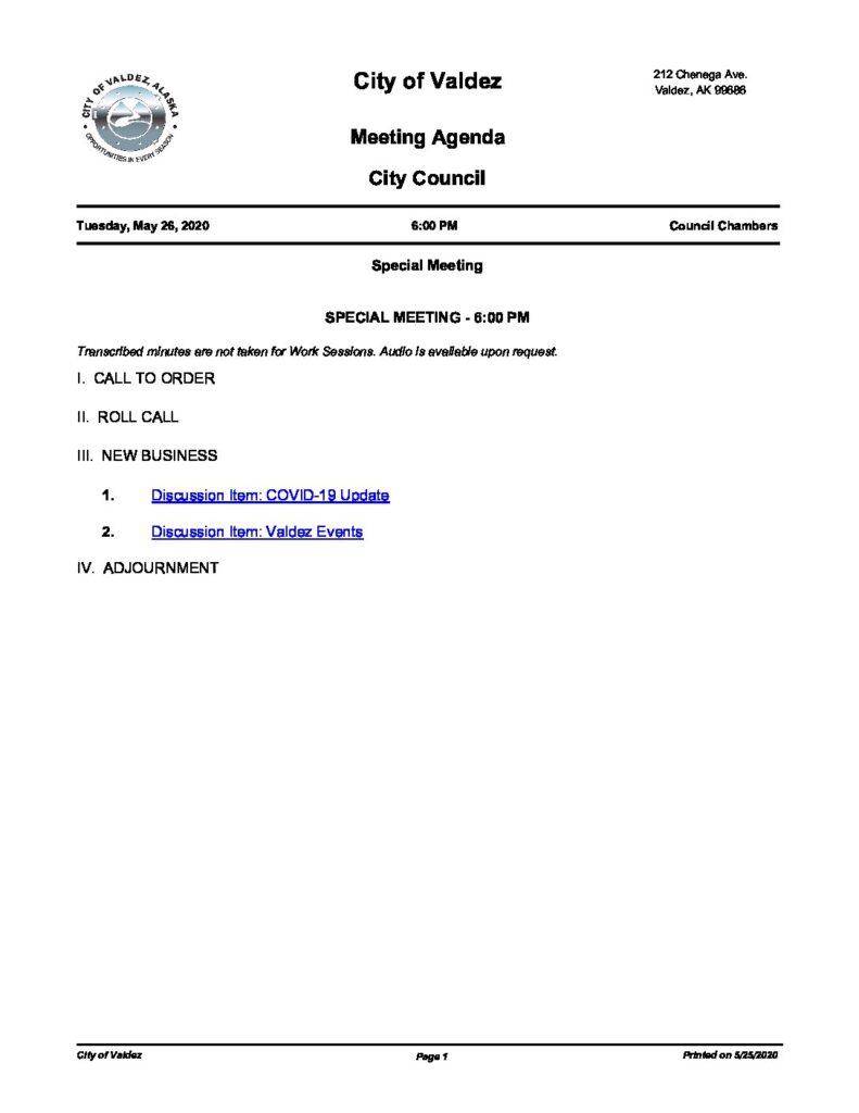 Special Valdez Council Meeting Tuesday, 5/26