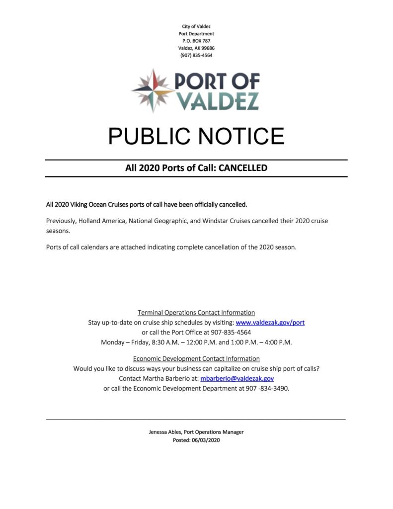 2020 Ports of Call Canceled