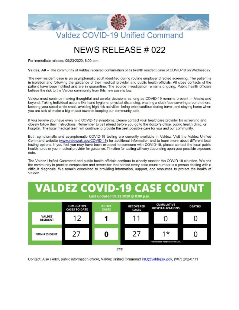 Valdez COVID19 Update