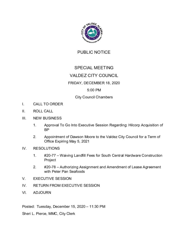 Special Council Meeting Friday 12/18